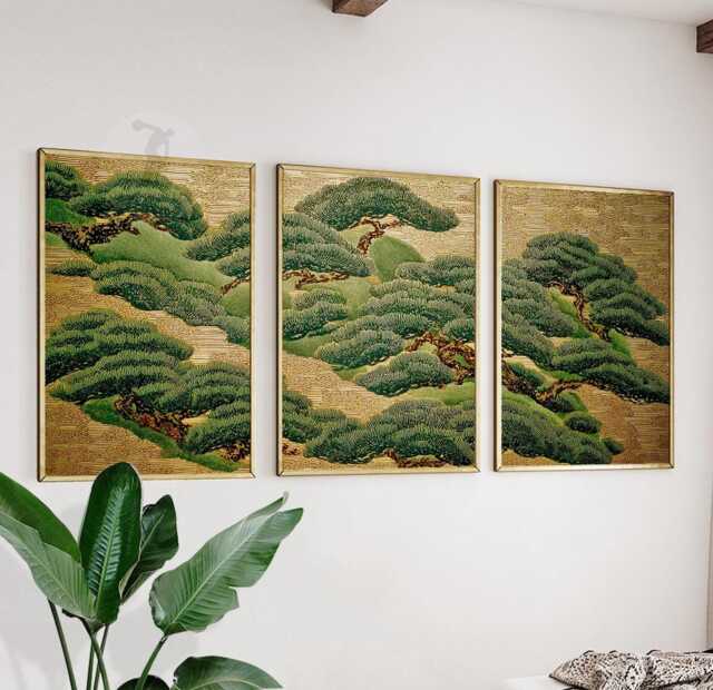 Japanese Landscape Wall Art Set Of 3 - Golden Pine Tree Prints Zen Nature Artwork Traditional Asian Decor For Living Room - image 1