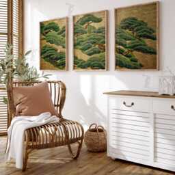 Japanese Landscape Wall Art Set Of 3 - Golden Pine Tree Prints Zen Nature Artwork Traditional Asian Decor For Living Room - thumbnail 2