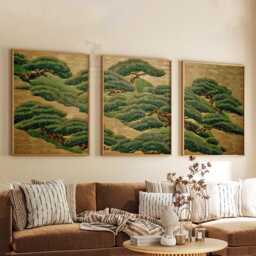 Japanese Landscape Wall Art Set Of 3 - Golden Pine Tree Prints Zen Nature Artwork Traditional Asian Decor For Living Room - thumbnail 3