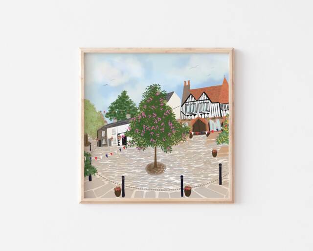 Summers Day in Tudor Square Dalton Furness Illustration Cumbria Art South Lakeland Cumbrian Print English Countryside Cottage Drawing - image 1