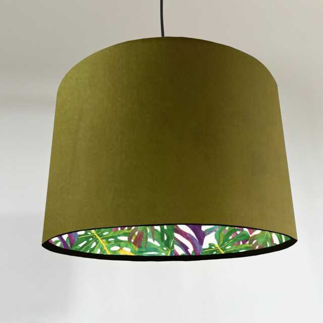 Olive Green Velvet Drum Lampshade, Double Sided Lampshade With Multicoloured Leaves Interior, Ceiling Light Shade - image 1