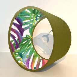 Olive Green Velvet Drum Lampshade, Double Sided Lampshade With Multicoloured Leaves Interior, Ceiling Light Shade - thumbnail 2