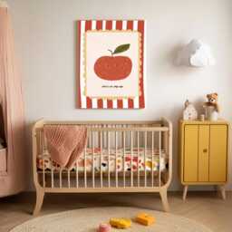 Cute Apple Nursery Print, Baby Art, Fruit Whimsical Animal Kids Room Decor, Art Decor - thumbnail 2