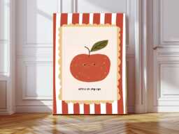 Cute Apple Nursery Print, Baby Art, Fruit Whimsical Animal Kids Room Decor, Art Decor - thumbnail 1