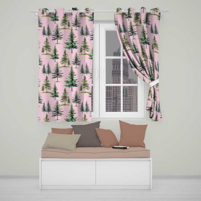 Watercolor Pine Tree Forest Seamless Pattern Blush Pink Background Readymade Eyelet Ring Top Thermal 100% Blackout Curtains - image 1