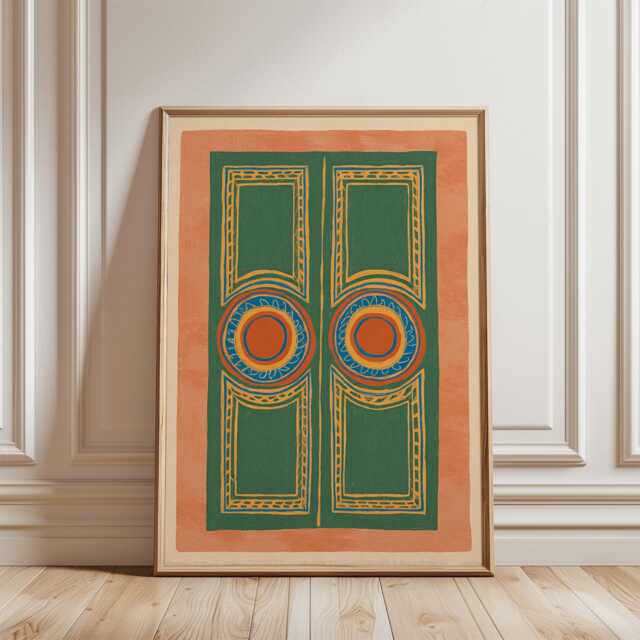 Geometric Double Door Poster - Green Terracotta Abstract Art Symmetrical Line Wall Decor - image 1
