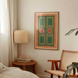 Geometric Double Door Poster - Green Terracotta Abstract Art Symmetrical Line Wall Decor - thumbnail 2