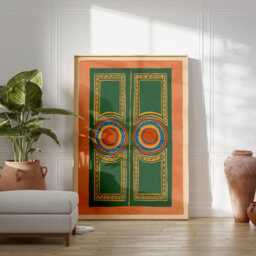 Geometric Double Door Poster - Green Terracotta Abstract Art Symmetrical Line Wall Decor - thumbnail 3