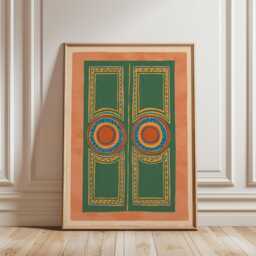 Geometric Double Door Poster - Green Terracotta Abstract Art Symmetrical Line Wall Decor - thumbnail 1