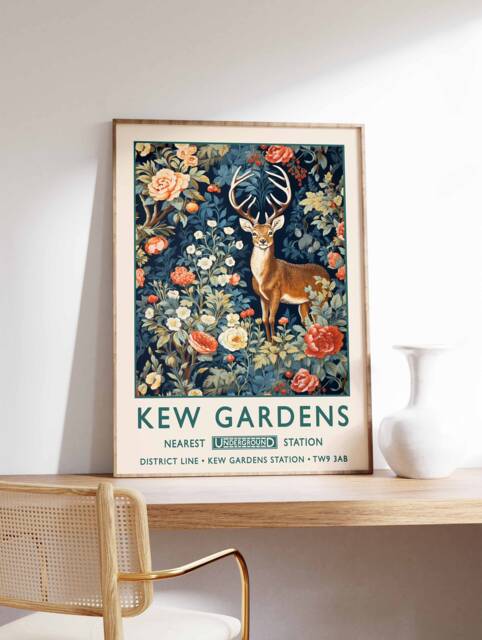 William Morris Deer Print, Kew Gardens London Poster, Vintage Wall Art, Floral Poster - image 1