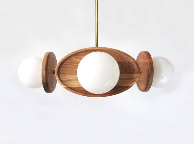 Mid Century Modern Quattro Oak & Opal Glass Globes Chandelier Kitchen Island Pendant Light Living Room Foyer - image 1