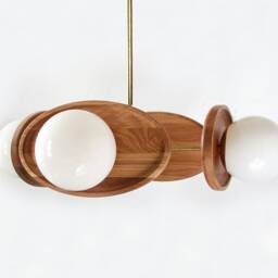 Mid Century Modern Quattro Oak & Opal Glass Globes Chandelier Kitchen Island Pendant Light Living Room Foyer - thumbnail 3