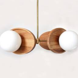 Mid Century Modern Quattro Oak & Opal Glass Globes Chandelier Kitchen Island Pendant Light Living Room Foyer - thumbnail 2