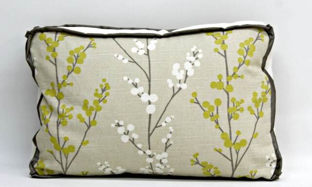 Floral Custom Decorative Pillow, Rectangular Boxed Throw Citrus Yellow, Beige, Ivory Floral, Contrast Satin Trim, Size 20 X 14 - image 1