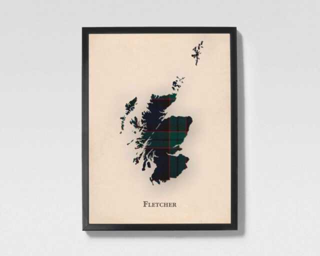 Clan Fletcher Scottish Tartan Map - Of Scotland Family Wall Decor, Ready To Hang - image 1