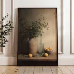 Lemons & Branches in Vintage Vase - Summer Fruit Still Life- Yellow Art Life Painting Cottagecore - thumbnail 1
