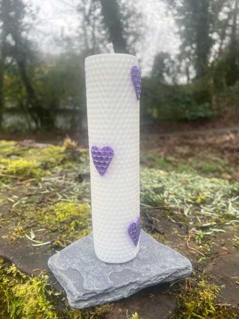 White Hand Rolled Beeswax Pillar Candle With Purple Heart Embellishments - image 1