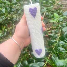White Hand Rolled Beeswax Pillar Candle With Purple Heart Embellishments - thumbnail 3