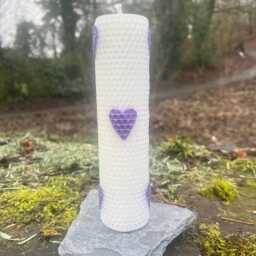 White Hand Rolled Beeswax Pillar Candle With Purple Heart Embellishments - thumbnail 4