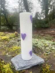 White Hand Rolled Beeswax Pillar Candle With Purple Heart Embellishments - thumbnail 1