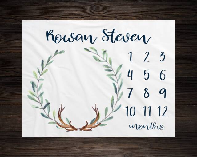 Woodland Milestone Blanket Monthly Growth Tracker Soft Fleece Antler Baby Shower Gift Newborn Watch Me Grow Boy - image 1