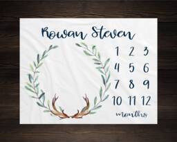 Woodland Milestone Blanket Monthly Growth Tracker Soft Fleece Antler Baby Shower Gift Newborn Watch Me Grow Boy - thumbnail 1