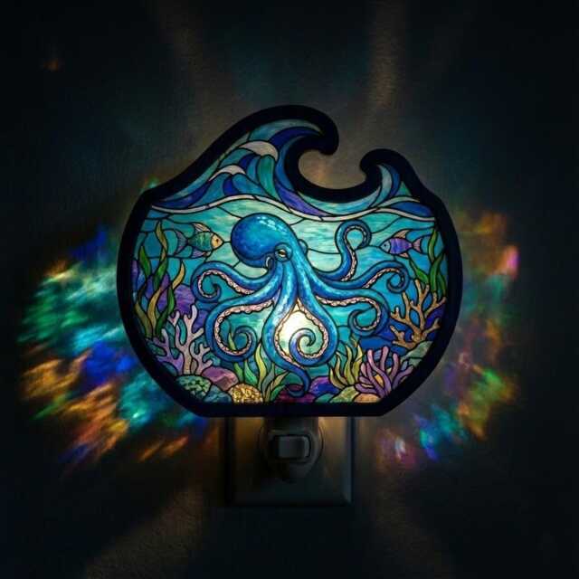 Blue Octopus Night Light, Wood & Acrylic Ocean Suncatcher Light Plug In, Sea Animal Lovers Room Decor - image 1