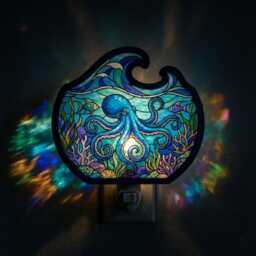 Blue Octopus Night Light, Wood & Acrylic Ocean Suncatcher Light Plug In, Sea Animal Lovers Room Decor