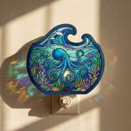 Blue Octopus Night Light, Wood & Acrylic Ocean Suncatcher Light Plug In, Sea Animal Lovers Room Decor - thumbnail 3