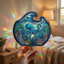 Blue Octopus Night Light, Wood & Acrylic Ocean Suncatcher Light Plug In, Sea Animal Lovers Room Decor - thumbnail 2