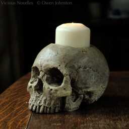Skull Candle Holder - Polished Bone Full Size Human Skull Candle Holder Made From Plaster Of Paris, Painted For A Weathered Appearance - thumbnail 2