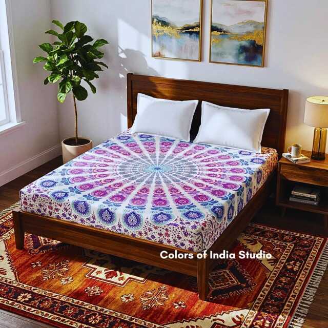 Blue Pink Mandala Cotton Bedsheet Twin Size With 2 White Pillow Covers - image 1
