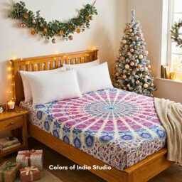 Blue Pink Mandala Cotton Bedsheet Twin Size With 2 White Pillow Covers - thumbnail 2