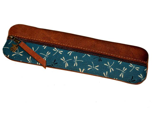 Leather Pencil Case, Brown Fabric With Dragonfly Print, Petrol Blue Japan Case For 14 Pencils Handmade Elegant Gift Unique Item - image 1