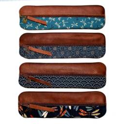 Leather Pencil Case, Brown Fabric With Dragonfly Print, Petrol Blue Japan Case For 14 Pencils Handmade Elegant Gift Unique Item - thumbnail 3