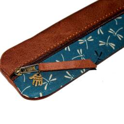 Leather Pencil Case, Brown Fabric With Dragonfly Print, Petrol Blue Japan Case For 14 Pencils Handmade Elegant Gift Unique Item - thumbnail 2