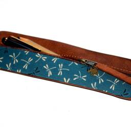 Leather Pencil Case, Brown Fabric With Dragonfly Print, Petrol Blue Japan Case For 14 Pencils Handmade Elegant Gift Unique Item - thumbnail 4