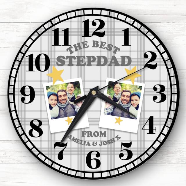 Best Stepdad Grey Photos Tartan Personalised Gift Clock - image 1