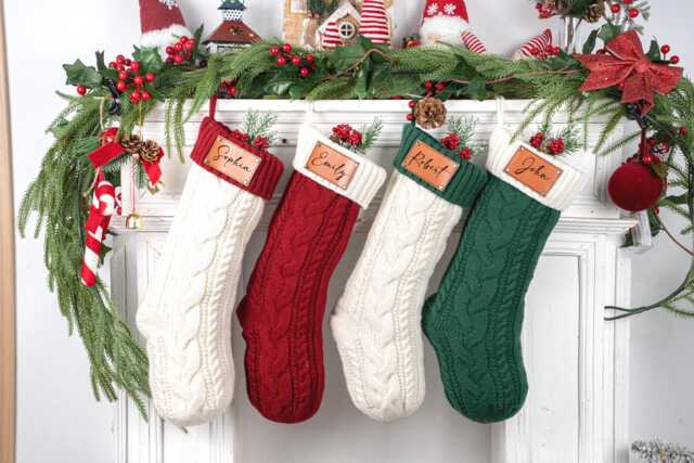 2026 Personalized Knitted Christmas Stockings, Family Stockings With Name, Leather Patch Stocking, Monogram Stocking, Holiday Decor Gift - image 1