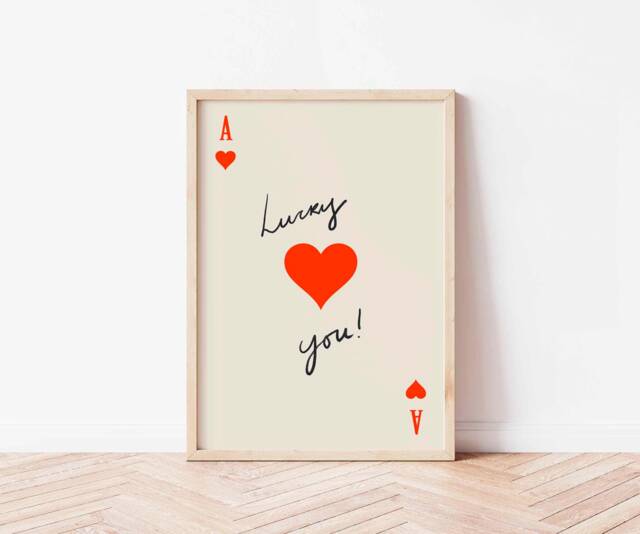 Ace Of Hearts Wall Art Print, Lucky You Playing Cards, Fun Kitchen, Bar, Bathroom Poster, Retro Trendy Art, Funky Home Decor, Portrait - image 1