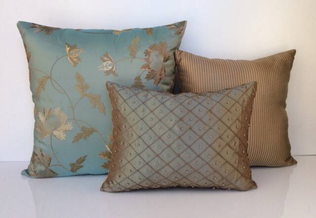 "Olive Green, Tan Striped & Teal Silk With Flower Embroidery Decorative Throw Pillow Cover Set Of Three, 20""x20"", 16""x16"", 12""x16" - image 1