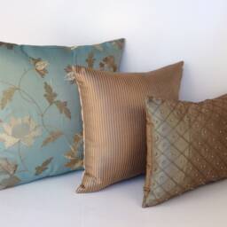 "Olive Green, Tan Striped & Teal Silk With Flower Embroidery Decorative Throw Pillow Cover Set Of Three, 20""x20"", 16""x16"", 12""x16" - thumbnail 3