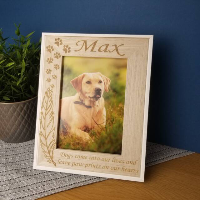 Memorial Personalised Pet Photo Frame, Lost Loved Dog, Cat, Animal Rip, Angel Furbaby, Feather & Paw Print Design, Add Any Text - image 1