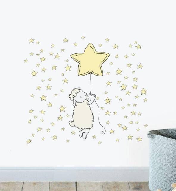 Lamb Floating With Star Balloon Wall Sticker Decal - Nursery Stickers, Animal Decals, Home Decor, Baby Room, Art, Girl, Boy