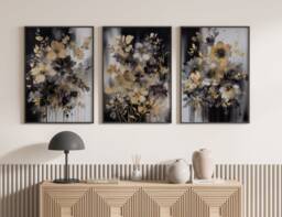 Set Of 3 Black & Gold Wall Art - Flowers Theme Floral Rose - thumbnail 1