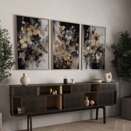 Set Of 3 Black & Gold Wall Art - Flowers Theme Floral Rose - thumbnail 2