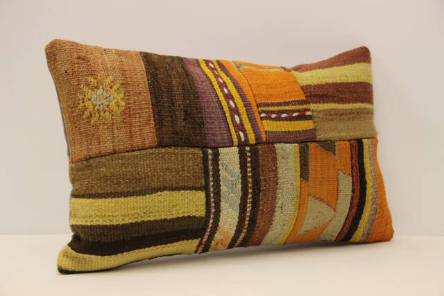 Vintage Turkish Kilim Lumbar Pillow Cover, Patchwork Wool Cushion - 12x20 In - image 1
