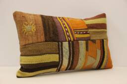 Vintage Turkish Kilim Lumbar Pillow Cover, Patchwork Wool Cushion - 12x20 In