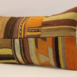 Vintage Turkish Kilim Lumbar Pillow Cover, Patchwork Wool Cushion - 12x20 In - thumbnail 3
