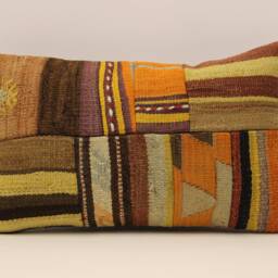 Vintage Turkish Kilim Lumbar Pillow Cover, Patchwork Wool Cushion - 12x20 In - thumbnail 2